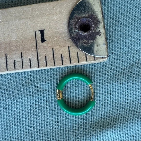 Green Enamel Hoop Earrings with Gold Accents - Picture 3 of 5